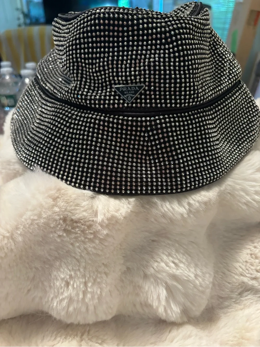 FASHION Black Crystal-Embellished Bucket Hat